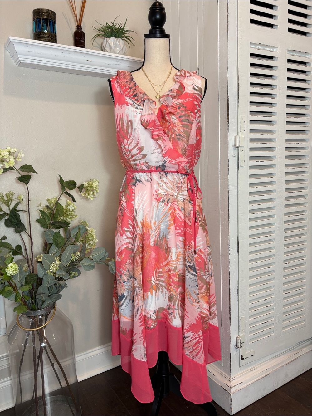 NWOT Sandra Darren Coral Pink Tropical Ruffle Midi Dress